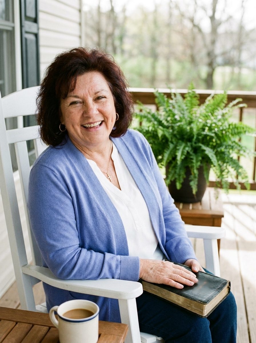 Loretta Harper laughing in her rocking chair on the front porch, Bible on her lap