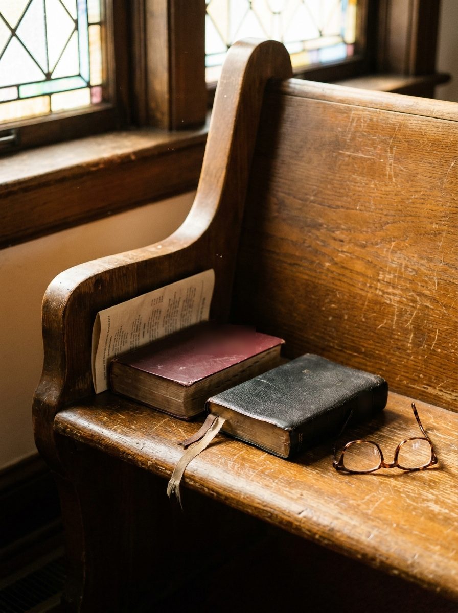 A hymnal and a worn King James Bible on a wooden pew in morning light