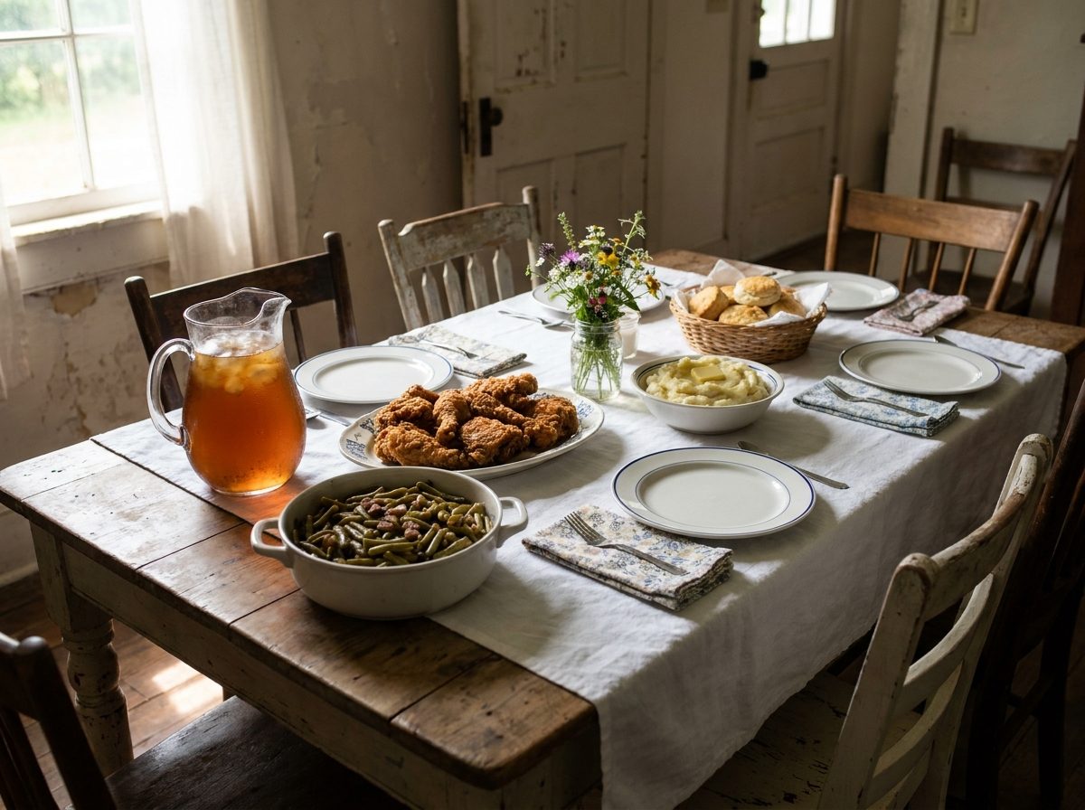 A Sunday dinner table set after church